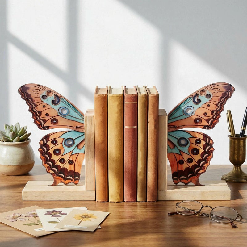 Tosstuki Decorative Butterfly Bookends Wooden Acrylic Butterflys Bookend Modern Bookshelf Decor Accent Book Stopper Decor for Home Farmhouse Shelves Office Lover Gift(Junonia Almana Butterfly) - Image 5