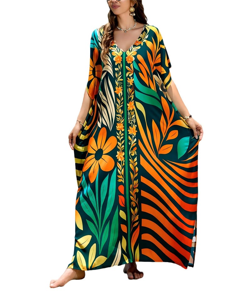 IMAGEKOPE Moroccan Print V-Neck Batwing Kaftan Women's Plus Size Loose Fit Beach Dress Bathing Suit Cover Up Loungewear - Image 1