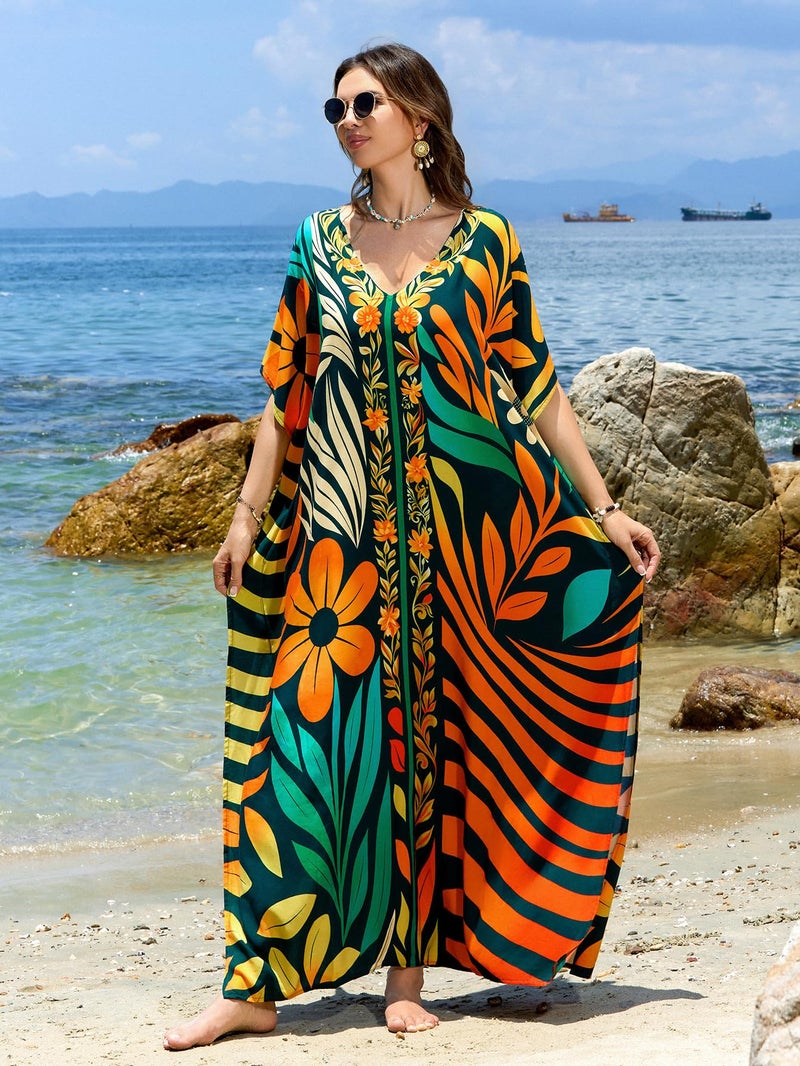 IMAGEKOPE Moroccan Print V-Neck Batwing Kaftan Women's Plus Size Loose Fit Beach Dress Bathing Suit Cover Up Loungewear - Image 2