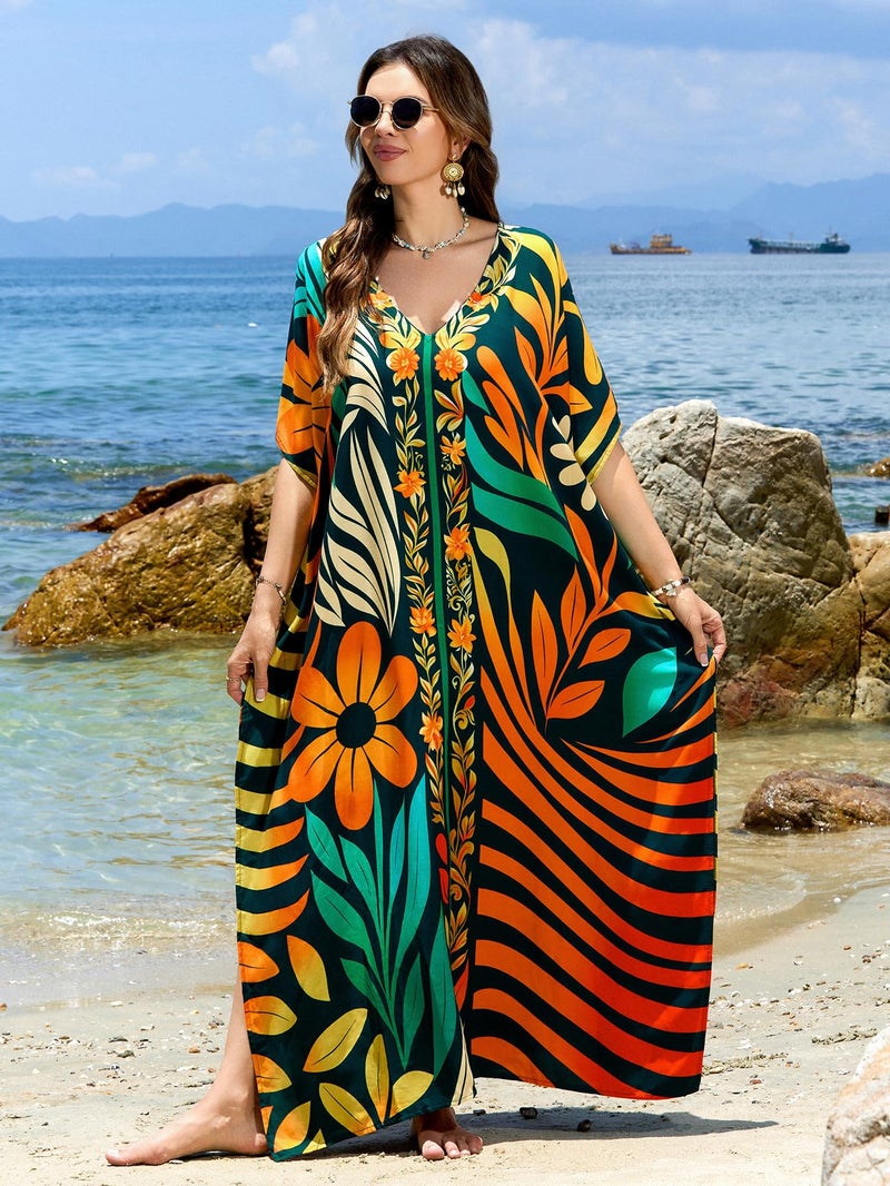 IMAGEKOPE Moroccan Print V-Neck Batwing Kaftan Women's Plus Size Loose Fit Beach Dress Bathing Suit Cover Up Loungewear - Image 3