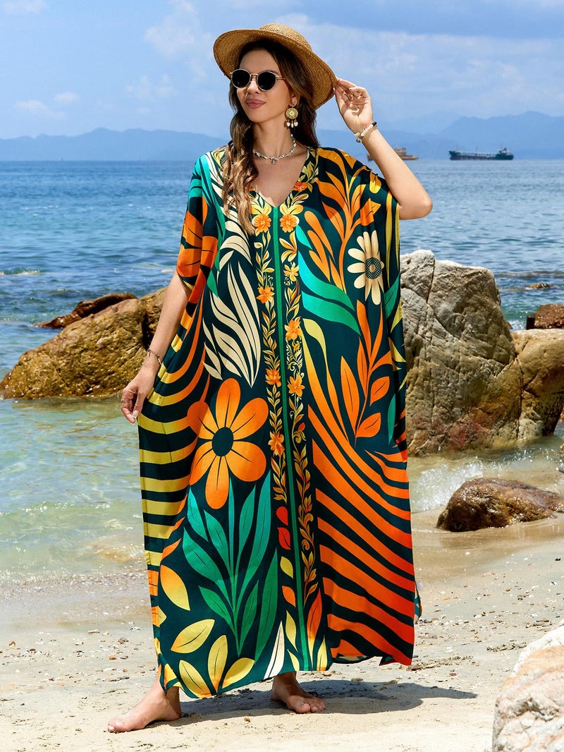 IMAGEKOPE Moroccan Print V-Neck Batwing Kaftan Women's Plus Size Loose Fit Beach Dress Bathing Suit Cover Up Loungewear - Image 5