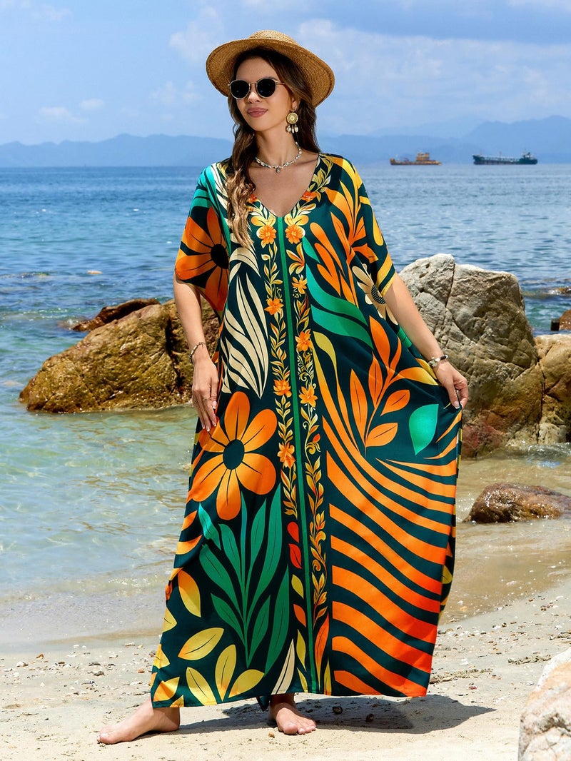 IMAGEKOPE Moroccan Print V-Neck Batwing Kaftan Women's Plus Size Loose Fit Beach Dress Bathing Suit Cover Up Loungewear - Image 4