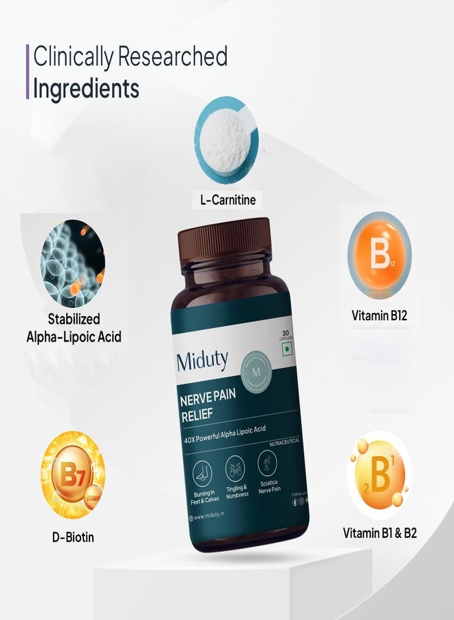miduty مسكن متوسط القوة لآلام الأعصاب الناتجة عن انسداد الأعصاب | إل-كارنيتين 200 ملغ، حمض ألفا ليبويك النشط 200 ملغ | يساعد في تخفيف آلام عرق النسا ووخز الأعصاب - 30 كبسولة - Image 4