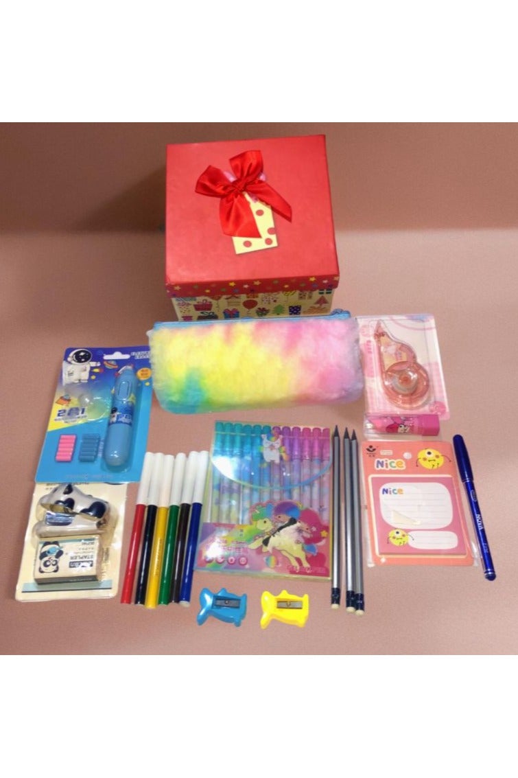 Box School Supplies Set of 30 Pieces (Colorful Fur Pencil Case + Sticky Notes + 6 Felt-Tip Pens + Kids Eraser Card with Fan + Lipstick + Ballpoint Pen + Corrector Tape + Office Stapler with Staples + 3 Wooden Pencils + 2 Rabbit Sharpies + 12 Gel Pens)