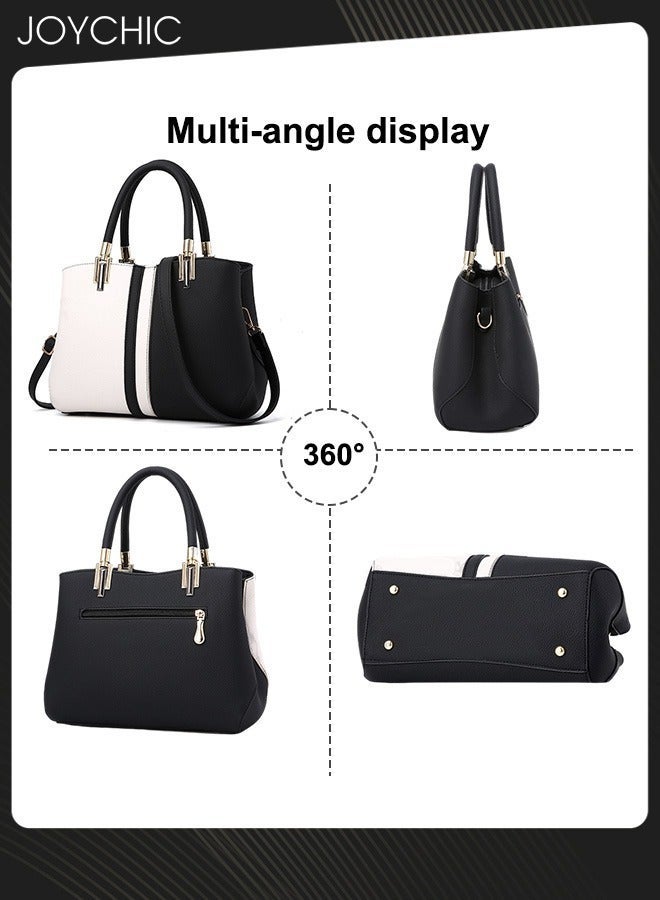 Joychic Classic Women Contrast Color Handbag Lady Large Capacity Multi Pocket Commuting Shoulder Bag PU Fabric Waterproof Crossbody Bag BlackWhite - Image 4