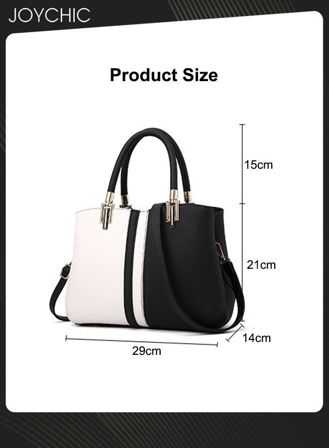 Joychic Classic Women Contrast Color Handbag Lady Large Capacity Multi Pocket Commuting Shoulder Bag PU Fabric Waterproof Crossbody Bag BlackWhite - Image 5