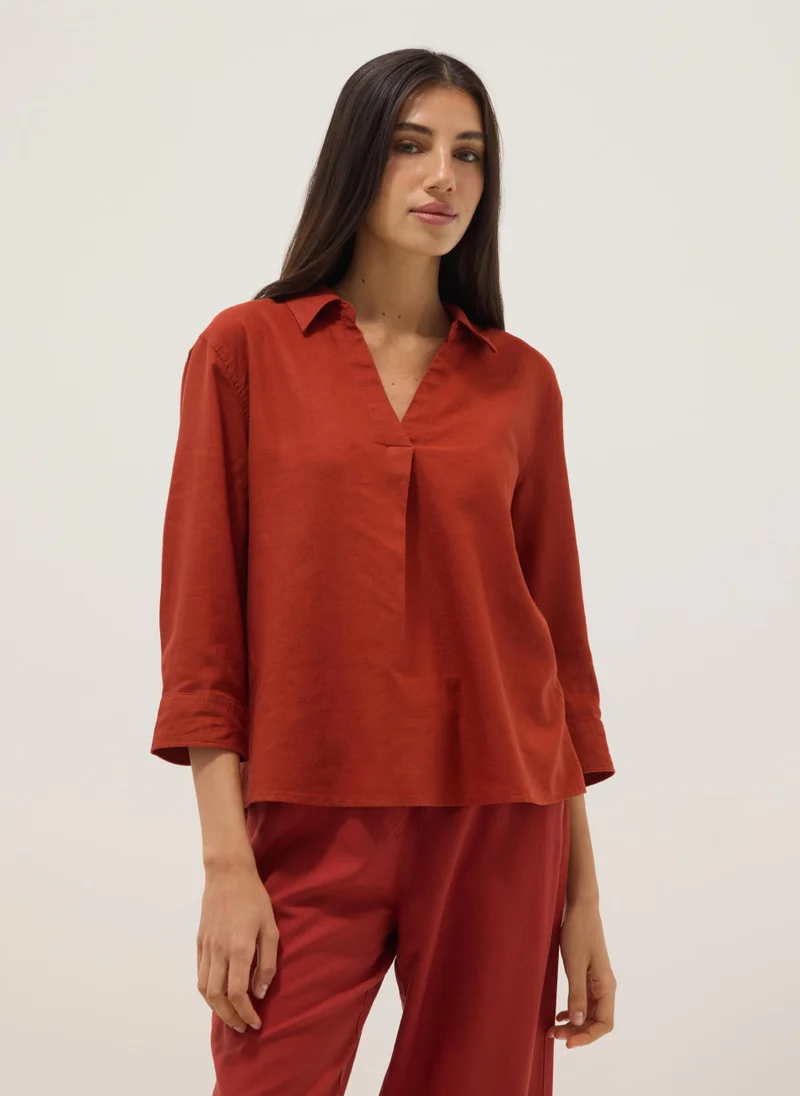 Ovs  OVS Red Linen And Viscose Blend V-Neck Regular-Fit Shirt for Women | Best Price UAE