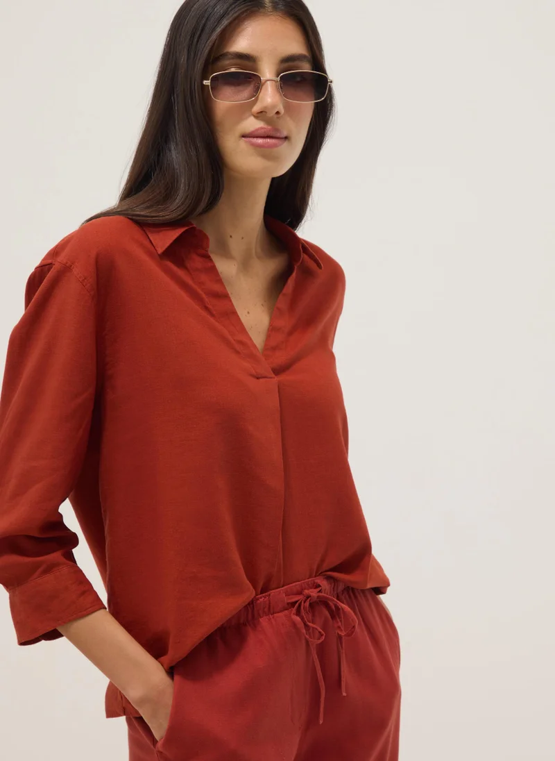 Ovs OVS Red Linen And Viscose Blend V-Neck Regular-Fit Shirt