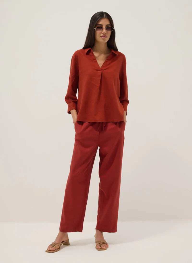 Ovs OVS Red Linen And Viscose Blend V-Neck Regular-Fit Shirt