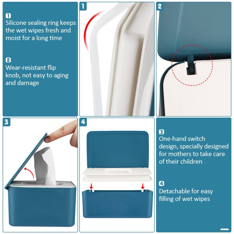 Whiidoom Diaper Wipes Dispenser Wipes Holder, Wipes Tissue Case Keeps Wipes Fresh Tissue Wipes Container with Lid (Blue) - Image 3