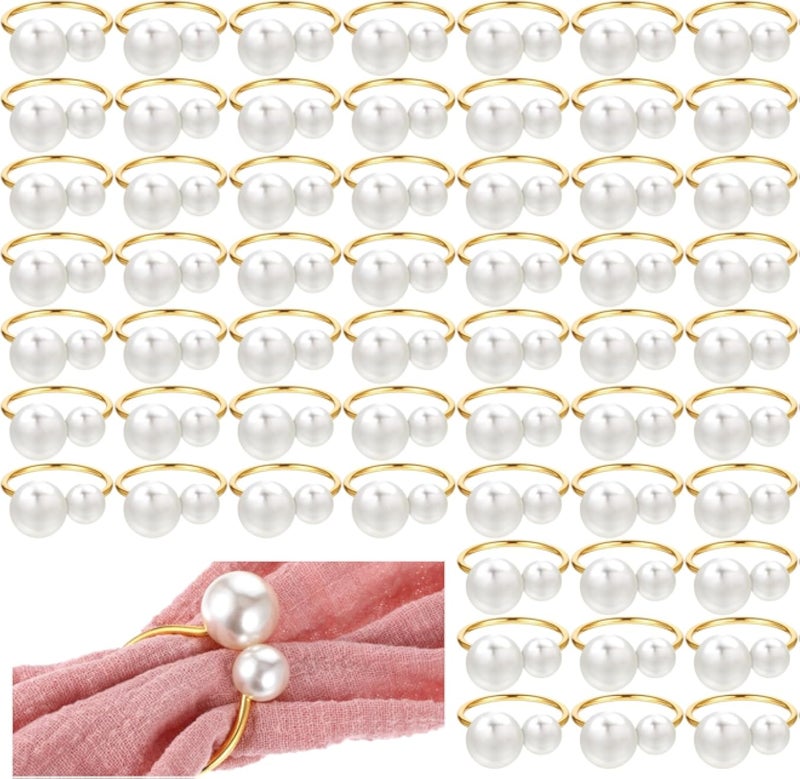 50 Pcs Pearl Napkin Rings, Gold Napkin Ring Holders Elegant Delicate Serviette Ring Buckle for Wedding Gathering Birthday Banquet Party Business Dinner Formal or Casual Dining Table Decor