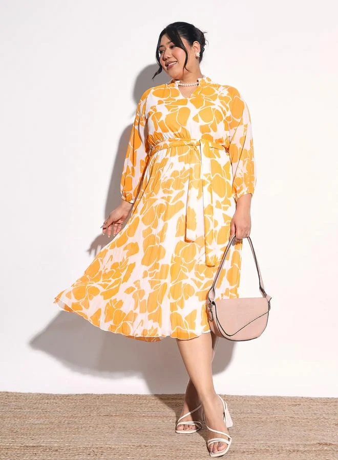Sassafras Plus Size Floral Pleated Midi Dress