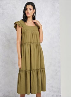 Solid Tiered Midi Dress with Pocket Detail