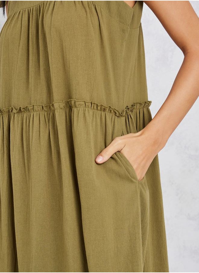 Styli - Solid Tiered Midi Dress with Pocket Detail - Image 1