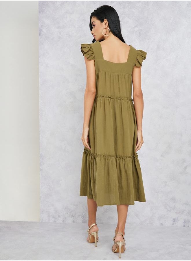 Styli - Solid Tiered Midi Dress with Pocket Detail - Image 1