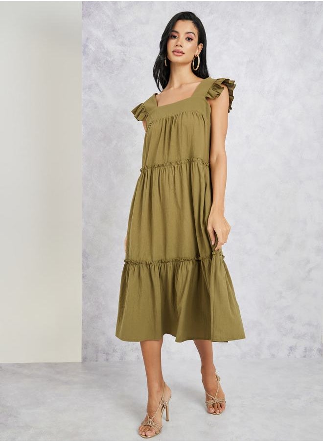Styli - Solid Tiered Midi Dress with Pocket Detail - Image 1