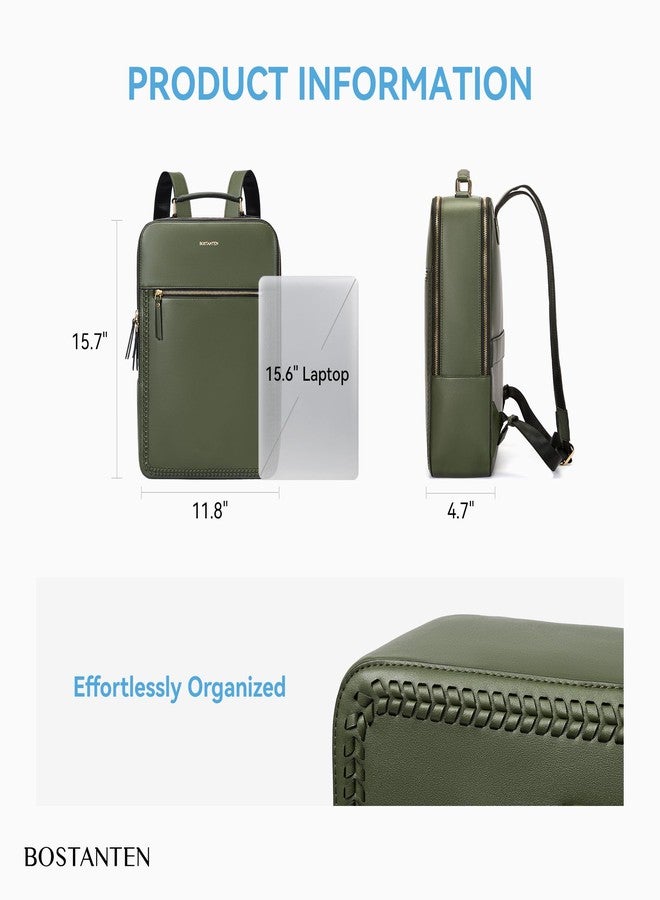 BOSTANTEN Leather Backpack 15.6 inch Laptop Bag Travel Casual Computer Backpack College Business Work Shoulder Bags with Trolley Sleeve for Women Men Olive Green - Image 4