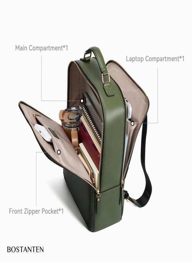 BOSTANTEN Leather Backpack 15.6 inch Laptop Bag Travel Casual Computer Backpack College Business Work Shoulder Bags with Trolley Sleeve for Women Men Olive Green - Image 5