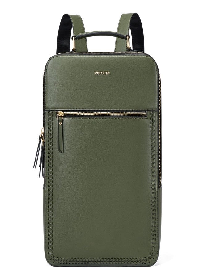 BOSTANTEN Leather Backpack 15.6 inch Laptop Bag Travel Casual Computer Backpack College Business Work Shoulder Bags with Trolley Sleeve for Women Men Olive Green - Image 1