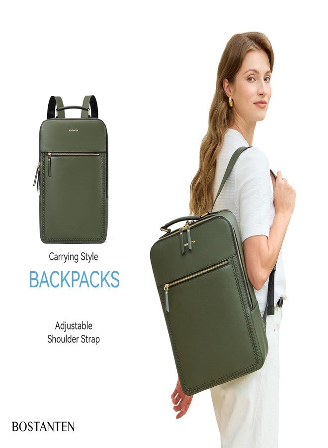 BOSTANTEN Leather Backpack 15.6 inch Laptop Bag Travel Casual Computer Backpack College Business Work Shoulder Bags with Trolley Sleeve for Women Men Olive Green - Image 2