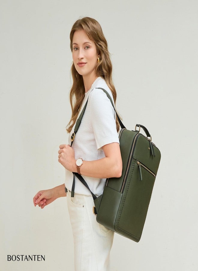 BOSTANTEN Leather Backpack 15.6 inch Laptop Bag Travel Casual Computer Backpack College Business Work Shoulder Bags with Trolley Sleeve for Women Men Olive Green - Image 3