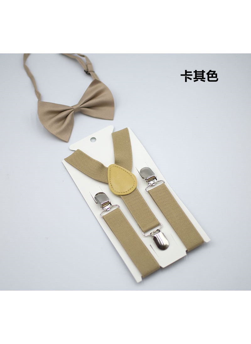 Generic Kids Unisex Solid Y-Back Suspenders Bowtie Set Khaki 