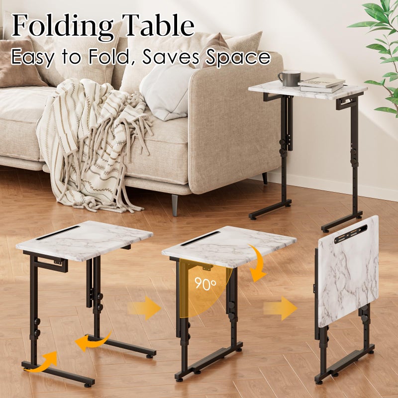 Fleecy day TV Tray, Folding TV Dinner Table, Adjustable Small C-Shaped End Tray for Eating, Foldable Slide Under Couch Side Table for Recliner, Living Room, Bedroom,No Assembly Required(White Marble) - Image 5