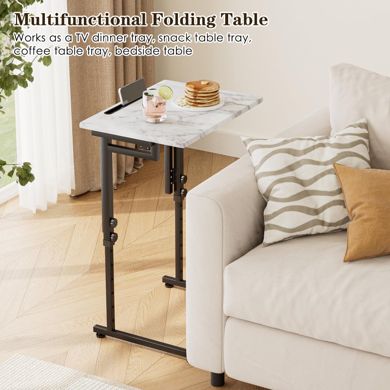 Fleecy day TV Tray, Folding TV Dinner Table, Adjustable Small C-Shaped End Tray for Eating, Foldable Slide Under Couch Side Table for Recliner, Living Room, Bedroom,No Assembly Required(White Marble) - Image 2