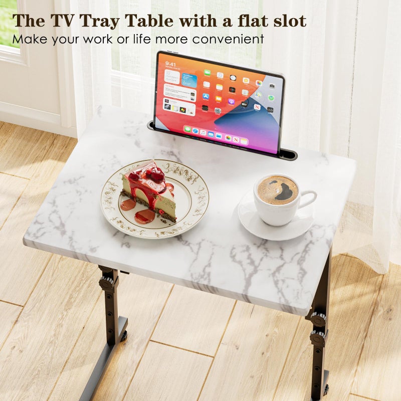 Fleecy day TV Tray, Folding TV Dinner Table, Adjustable Small C-Shaped End Tray for Eating, Foldable Slide Under Couch Side Table for Recliner, Living Room, Bedroom,No Assembly Required(White Marble) - Image 3