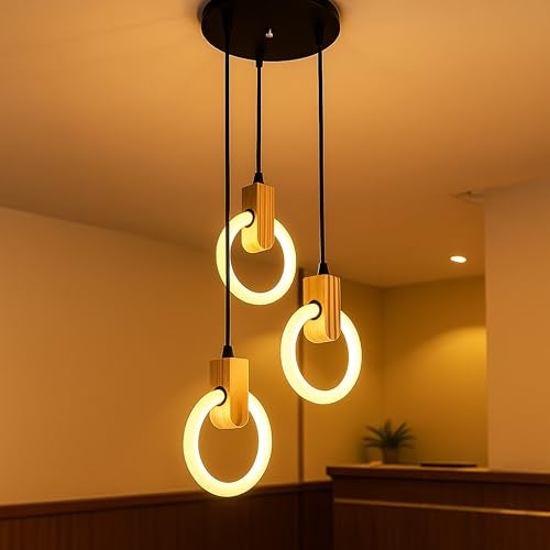 Lamp master Lampmaster 3-Ring LED Pendant Light | Modern Hanging Ceiling Lamp with Wooden Accent & Warm White Glow | Decorative Chandelier for Living Room, Dining Room, Bedroom, Restaurants & Cafe Interior - Image 1