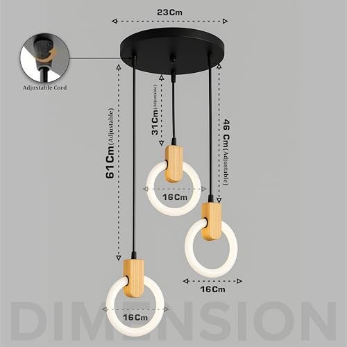 Lamp master Lampmaster 3-Ring LED Pendant Light | Modern Hanging Ceiling Lamp with Wooden Accent & Warm White Glow | Decorative Chandelier for Living Room, Dining Room, Bedroom, Restaurants & Cafe Interior - Image 5