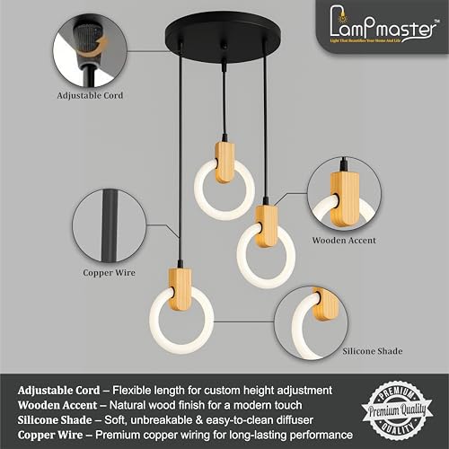 Lamp master Lampmaster 3-Ring LED Pendant Light | Modern Hanging Ceiling Lamp with Wooden Accent & Warm White Glow | Decorative Chandelier for Living Room, Dining Room, Bedroom, Restaurants & Cafe Interior - Image 4