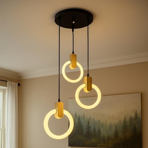 Lamp master Lampmaster 3-Ring LED Pendant Light | Modern Hanging Ceiling Lamp with Wooden Accent & Warm White Glow | Decorative Chandelier for Living Room, Dining Room, Bedroom, Restaurants & Cafe Interior - Image 2