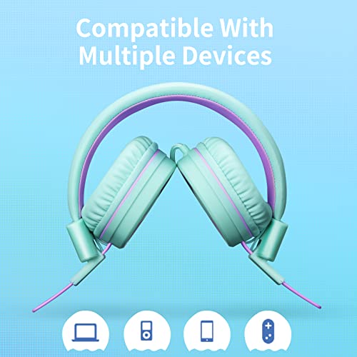 POWMEE P10 Kids Headphones with Microphone Stereo Headphones for Children Boys Girls,Adjustable 85dB/94dB Volume Control Foldable On-Ear Headphone with Microphone for School/PC/Cellphone(Green) - Image 5