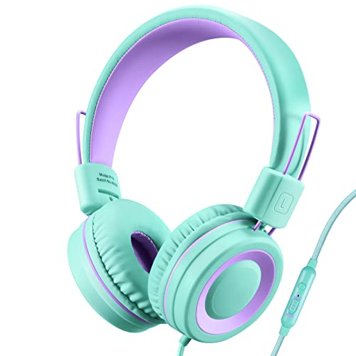 POWMEE P10 Kids Headphones with Microphone Stereo Headphones for Children Boys Girls,Adjustable 85dB/94dB Volume Control Foldable On-Ear Headphone with Microphone for School/PC/Cellphone(Green) - Image 1