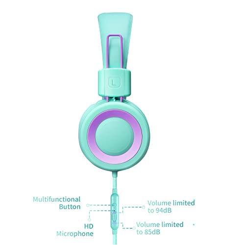 POWMEE P10 Kids Headphones with Microphone Stereo Headphones for Children Boys Girls,Adjustable 85dB/94dB Volume Control Foldable On-Ear Headphone with Microphone for School/PC/Cellphone(Green) - Image 3