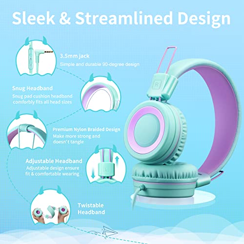 POWMEE P10 Kids Headphones with Microphone Stereo Headphones for Children Boys Girls,Adjustable 85dB/94dB Volume Control Foldable On-Ear Headphone with Microphone for School/PC/Cellphone(Green) - Image 2