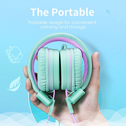 POWMEE P10 Kids Headphones with Microphone Stereo Headphones for Children Boys Girls,Adjustable 85dB/94dB Volume Control Foldable On-Ear Headphone with Microphone for School/PC/Cellphone(Green) - Image 4