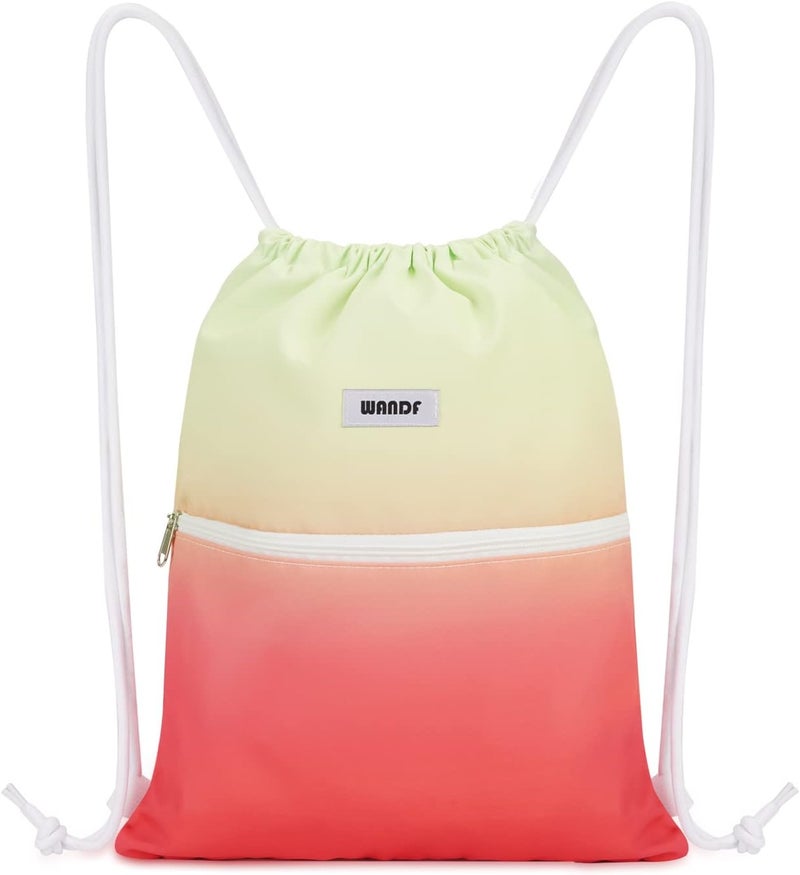 WANDF Drawstring Backpack String Bag Sackpack Cinch Water Resistant Nylon for Sport Yoga Gym Shopping (Red-Green Gradient) - Image 1