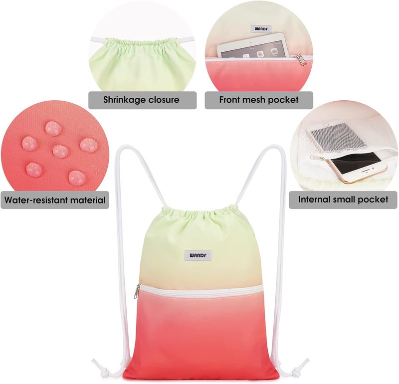 WANDF Drawstring Backpack String Bag Sackpack Cinch Water Resistant Nylon for Sport Yoga Gym Shopping (Red-Green Gradient) - Image 3