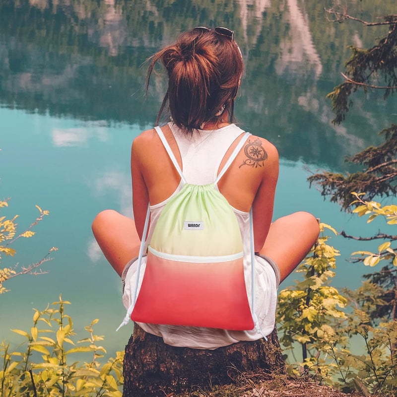 WANDF Drawstring Backpack String Bag Sackpack Cinch Water Resistant Nylon for Sport Yoga Gym Shopping (Red-Green Gradient) - Image 5