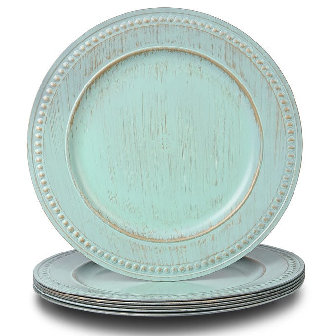 13 VINTAGE CHARGER PLATES BEADED CHARGERS FOR DINNER PLATES SET OF 6 REUSABLE DECORATIVE CHARGER PLATE SET BULK WEDDING TURQUOISE
