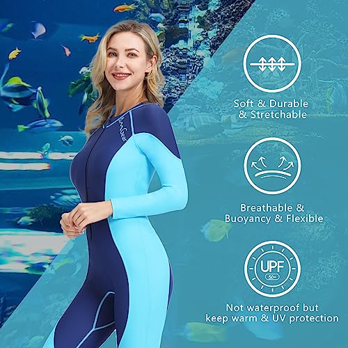 OMGear Swimsuit Women Long Sleeve Dive Skin Full Bodysuit Spandex Swimwear UV Protection Rashguard Thin Wetsuit for Swimming Kayaking Surfing Snorkeling Diving Rafting(Aqua＆Navy Blue,S) - Image 5