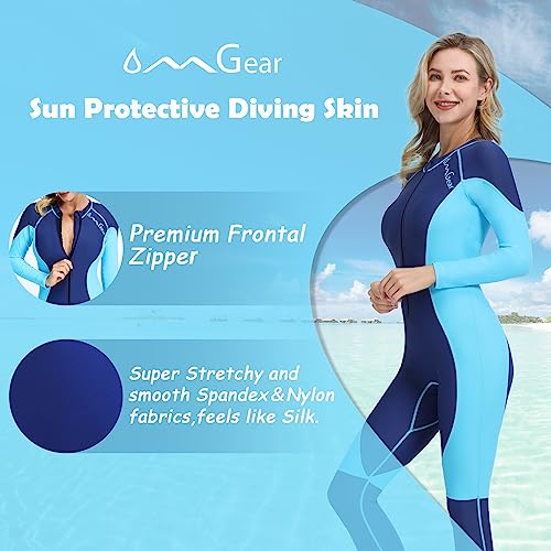 OMGear Swimsuit Women Long Sleeve Dive Skin Full Bodysuit Spandex Swimwear UV Protection Rashguard Thin Wetsuit for Swimming Kayaking Surfing Snorkeling Diving Rafting(Aqua＆Navy Blue,S) - Image 3