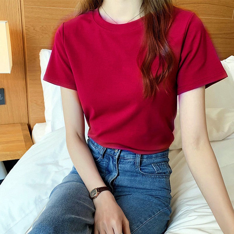 2024 Summer Solid Slim-Fit Fashionable Korean T-Shirt for Women Solid wine red Solid wine red