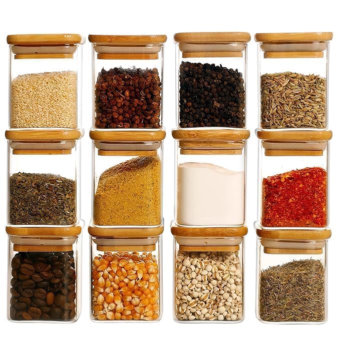 KONSSEE 12 Pcs Square Glass Spice Jars with Natural Bamboo Lids 270 ml Airtight Herb Containers with 148 Waterproof Minimalist Spice Labels Preprinted - Image 1