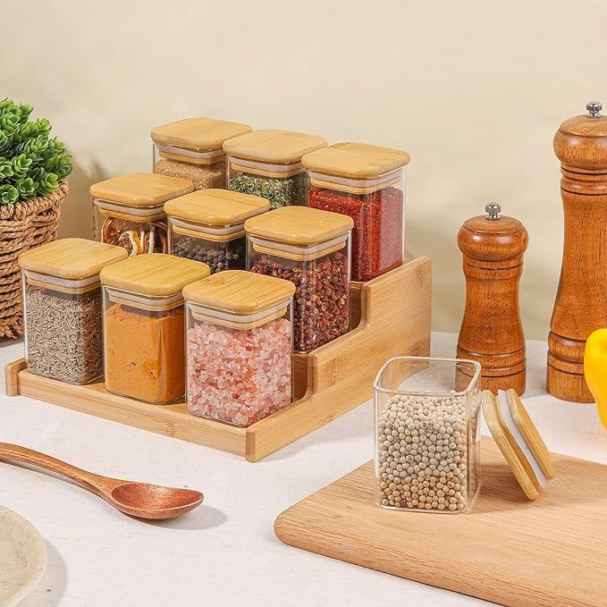 KONSSEE 12 Pcs Square Glass Spice Jars with Natural Bamboo Lids 270 ml Airtight Herb Containers with 148 Waterproof Minimalist Spice Labels Preprinted - Image 3