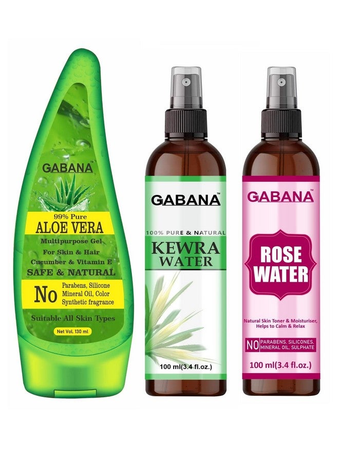 GABANA Beauty and Personal Care Product (Set of 3, Aloe Vera Face Gel (130 ml), Natural Rose Water (100 ml), Natural Kewra Water (100 ml))|Hydration Aloe Vera Gel for Face and Hair Rose Water for Face - Image 1