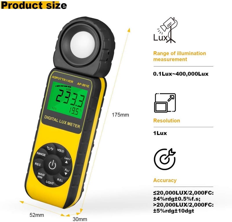 AOPUTTRIVER Digital Illuminance Light Meter,0.01~300,000 Measurement Range Lux Meter Foot Candles Luxmeter with 270º Rotated Sensor for Indoor Outdoor Light Meters for Plants (AP-881E) - Image 3
