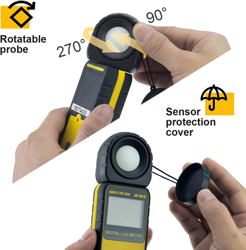 AOPUTTRIVER Digital Illuminance Light Meter,0.01~300,000 Measurement Range Lux Meter Foot Candles Luxmeter with 270º Rotated Sensor for Indoor Outdoor Light Meters for Plants (AP-881E) - Image 4